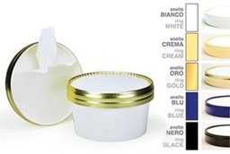 Zeige Details für Deckel aus Pappe für Becher i-110 | i-135, creme zu 30 Stück Übersicht Pappdeckel verschiedener Randfarben.